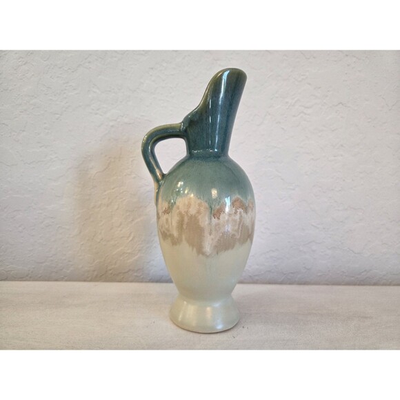 Vintage Pottery Pitcher Aqua Green and Tan Glazed - Picture 3 of 9